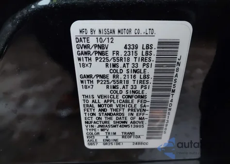 2013 Nissan Rogue Sv W/Sl Pkg z USA, uszkodzony, nr VIN JN8AS5MT4DW513985